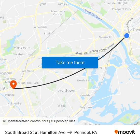 South Broad St at Hamilton Ave to Penndel, PA map