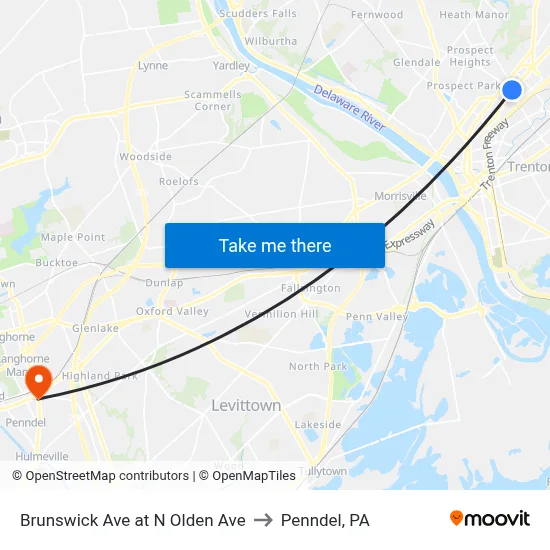 Brunswick Ave at N Olden Ave to Penndel, PA map