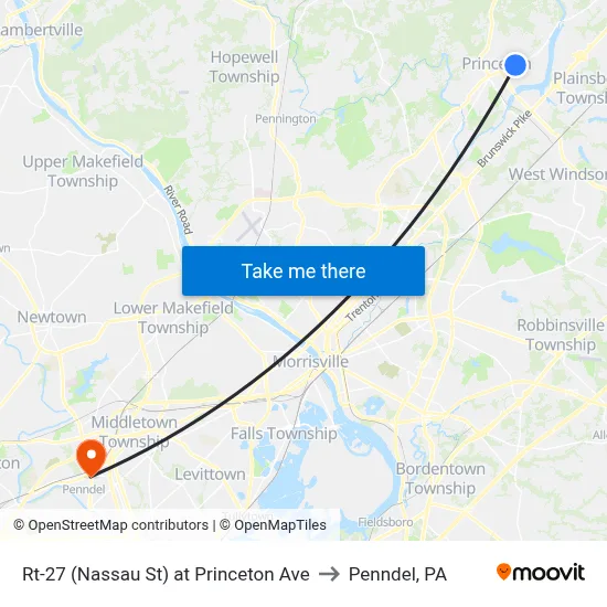Rt-27 (Nassau St) at Princeton Ave to Penndel, PA map