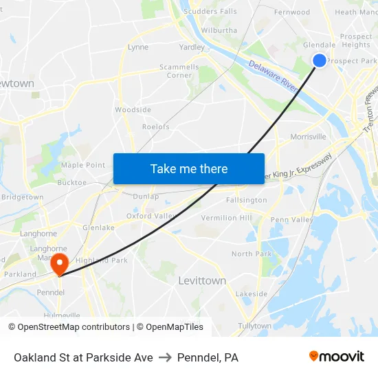 Oakland St at Parkside Ave to Penndel, PA map