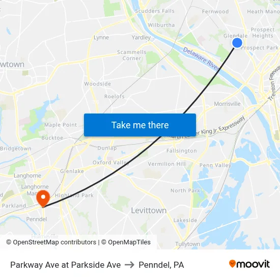 Parkway Ave at Parkside Ave to Penndel, PA map