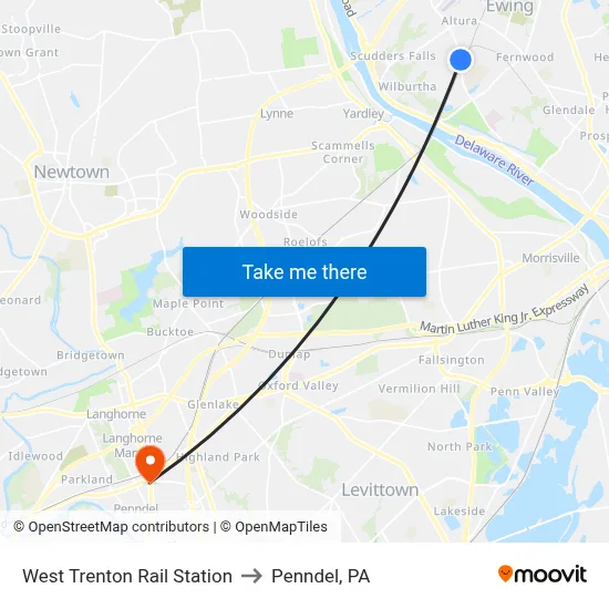 West Trenton Rail Station to Penndel, PA map