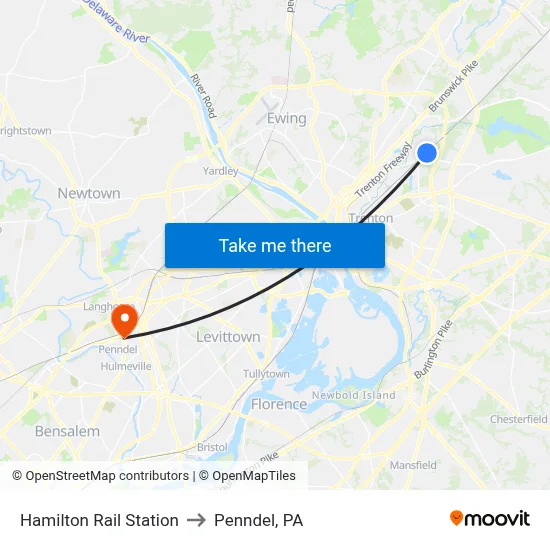 Hamilton Rail Station to Penndel, PA map