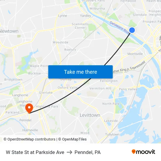 W State St at Parkside Ave to Penndel, PA map