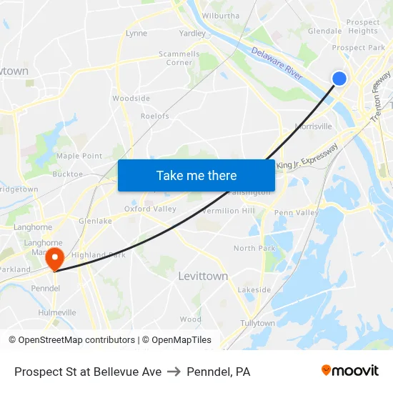 Prospect St at Bellevue Ave to Penndel, PA map