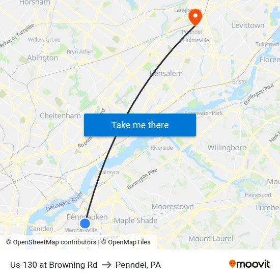 Us-130 at Browning Rd to Penndel, PA map