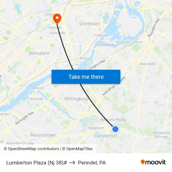 Lumberton Plaza (Nj 38)# to Penndel, PA map