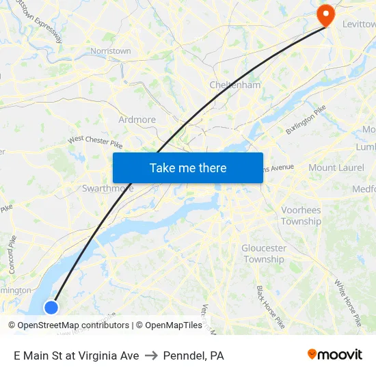 E Main St at Virginia Ave to Penndel, PA map