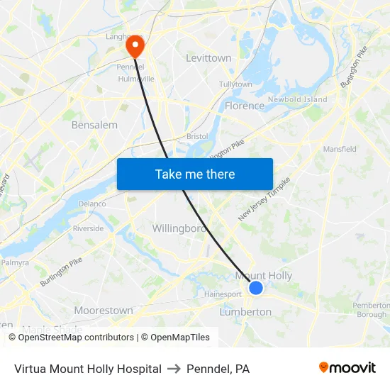 Virtua Mount Holly Hospital to Penndel, PA map