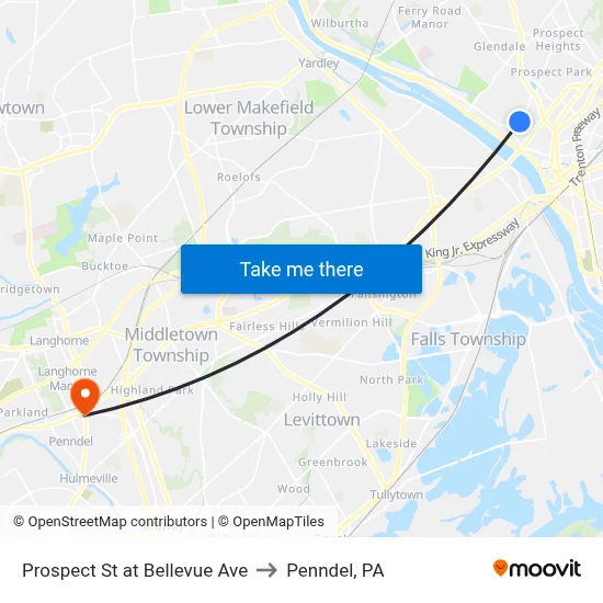 Prospect St at Bellevue Ave to Penndel, PA map