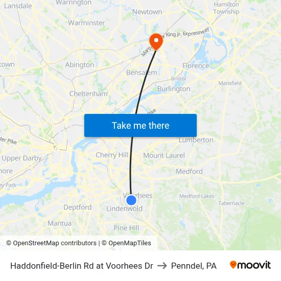 Haddonfield-Berlin Rd at Voorhees Dr to Penndel, PA map