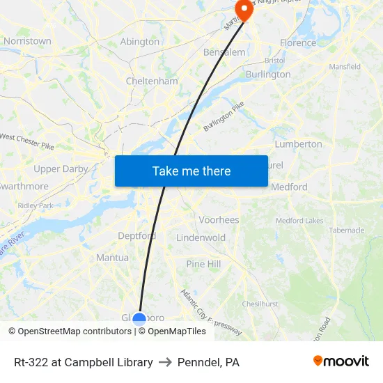 Rt-322 at Campbell Library to Penndel, PA map