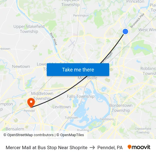 Mercer Mall at Bus Stop Near Shoprite to Penndel, PA map