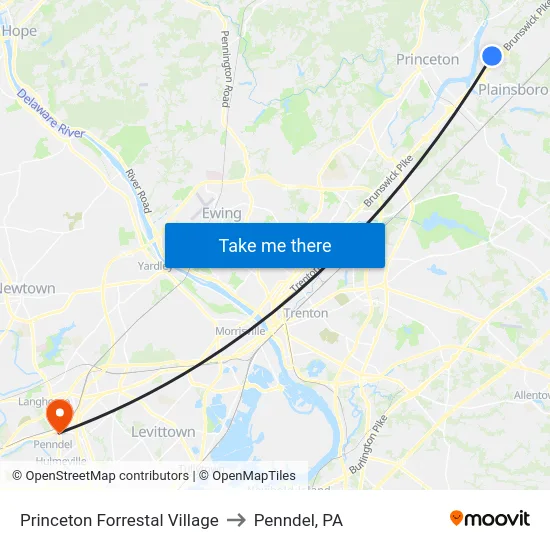 Princeton Forrestal Village to Penndel, PA map