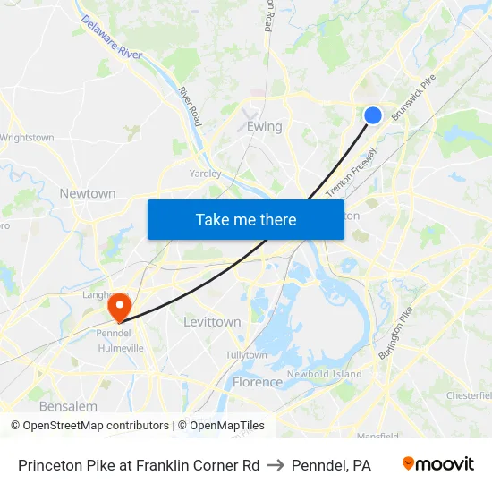 Princeton Pike at Franklin Corner Rd to Penndel, PA map