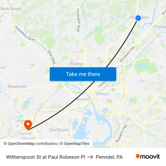 Witherspoon St at Paul Robeson Pl to Penndel, PA map