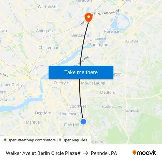 Walker Ave at Berlin Circle Plaza# to Penndel, PA map