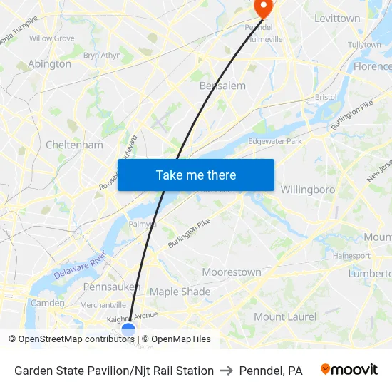 Garden State Pavilion/Njt Rail Station to Penndel, PA map