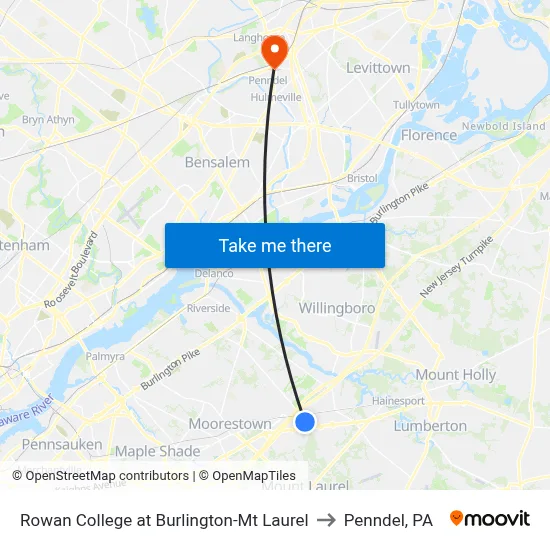 Rowan College at Burlington-Mt Laurel to Penndel, PA map