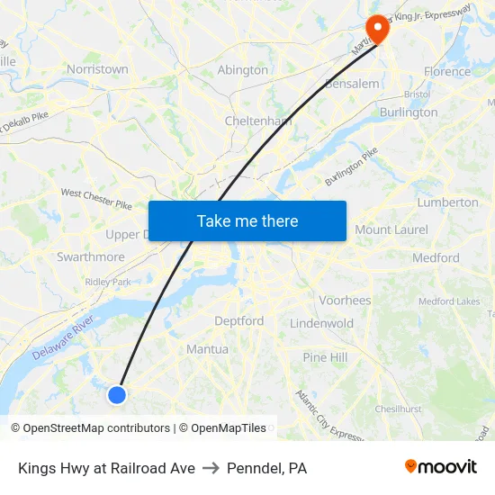 Kings Hwy at Railroad Ave to Penndel, PA map