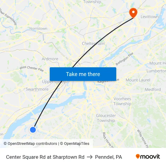 Center Square Rd at Sharptown Rd to Penndel, PA map
