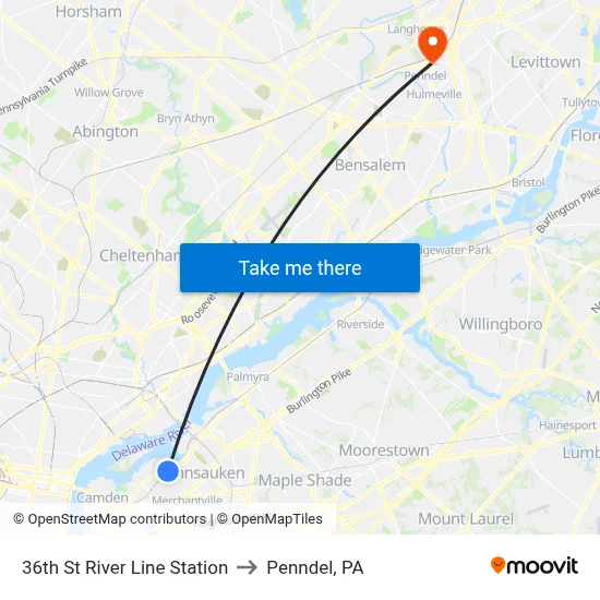 36th St River Line Station to Penndel, PA map