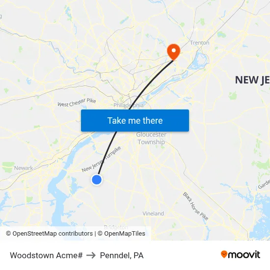 Woodstown Acme# to Penndel, PA map