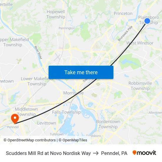 Scudders Mill Rd at Novo Nordisk Way to Penndel, PA map