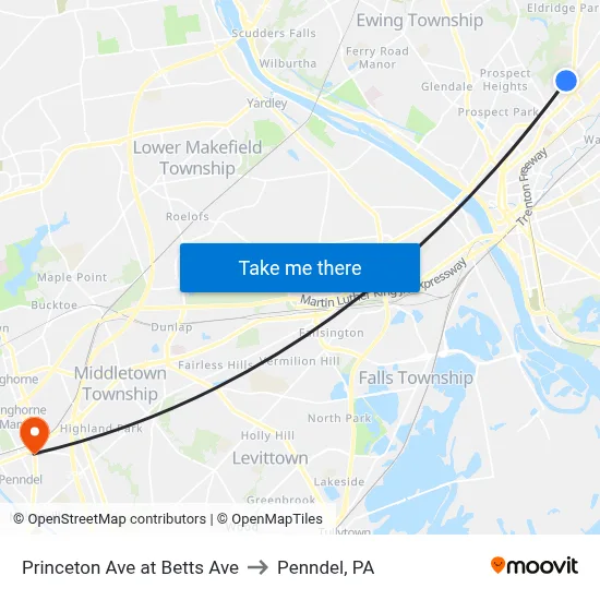 Princeton Ave at Betts Ave to Penndel, PA map