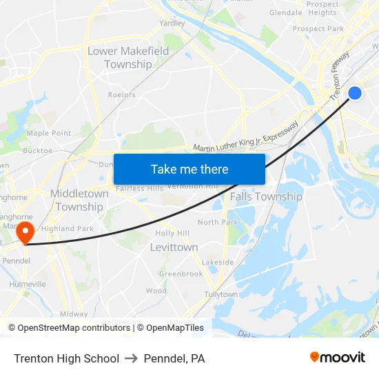 Trenton High School to Penndel, PA map