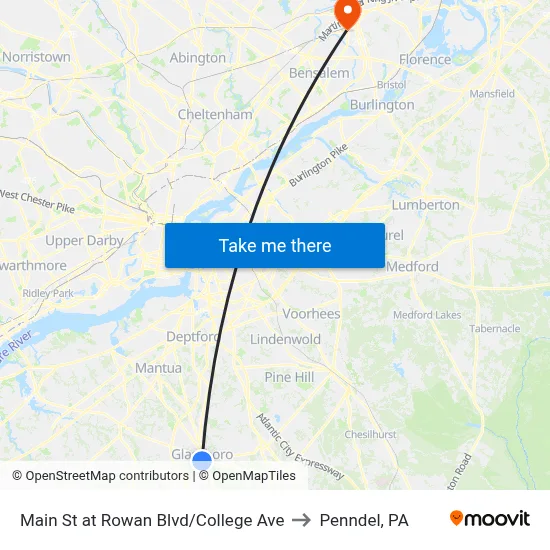 Main St at Rowan Blvd/College Ave to Penndel, PA map