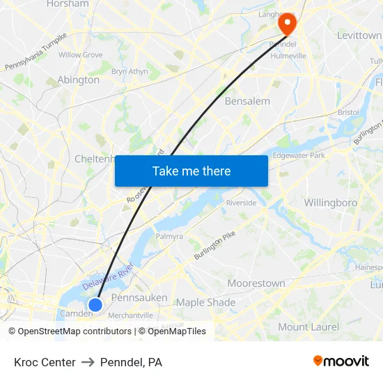 Kroc Center to Penndel, PA map