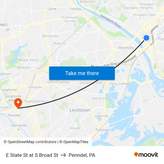 E State St at S Broad St to Penndel, PA map
