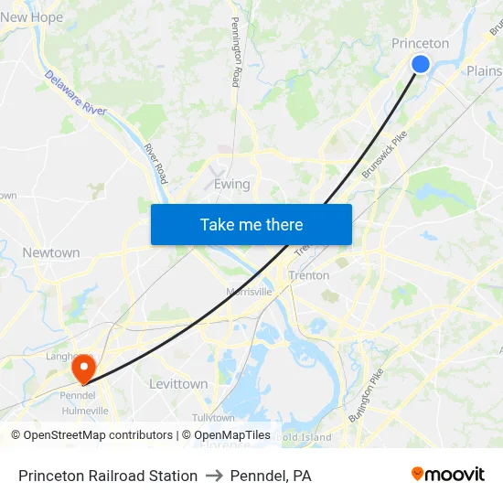 Princeton Railroad Station to Penndel, PA map