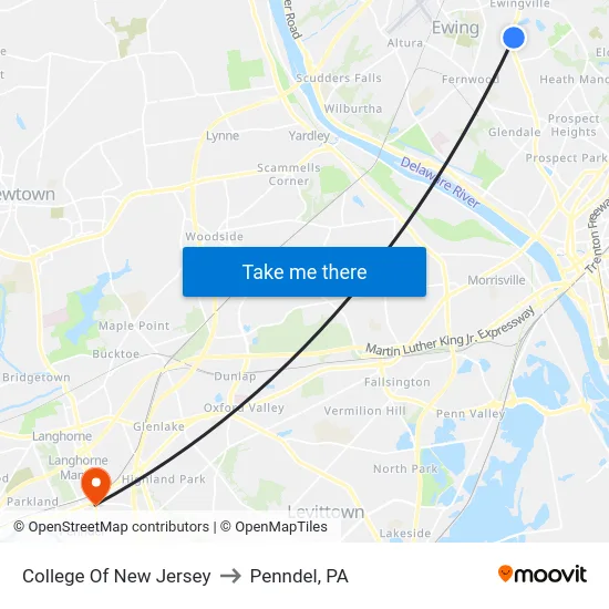 College Of New Jersey to Penndel, PA map