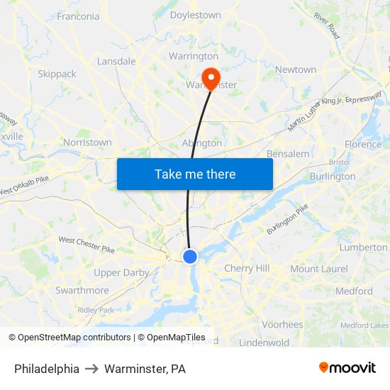 Philadelphia to Warminster, PA map