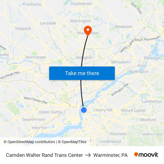 Camden Walter Rand Trans Center to Warminster, PA map