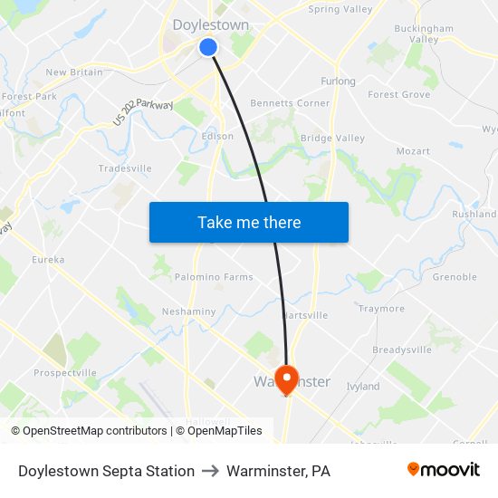 Doylestown Septa Station to Warminster, PA map