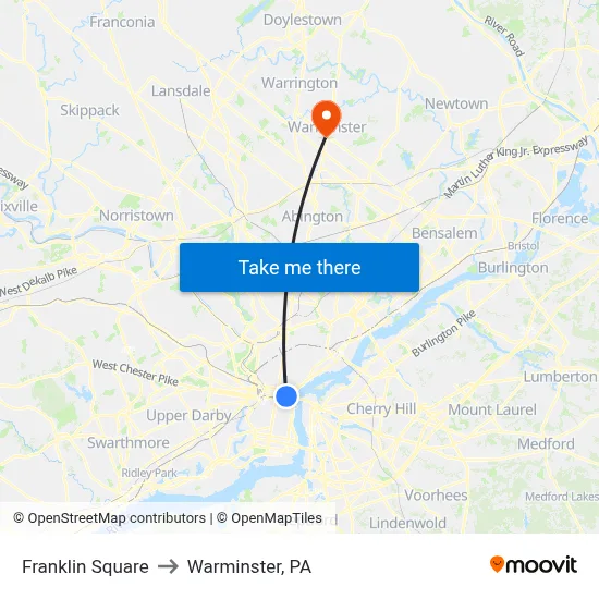 Franklin Square to Warminster, PA map