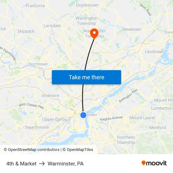 4th & Market to Warminster, PA map