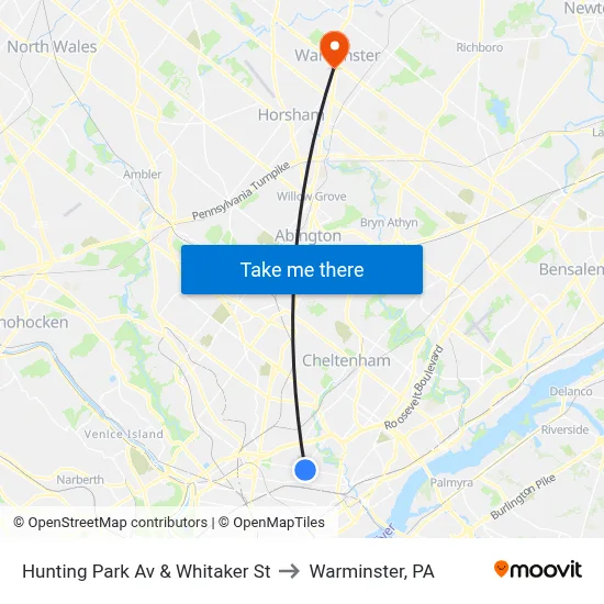 Hunting Park Av & Whitaker St to Warminster, PA map