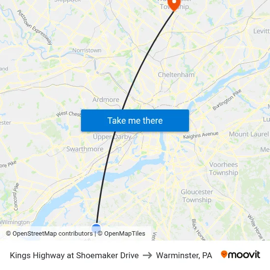 Kings Highway at Shoemaker Drive to Warminster, PA map