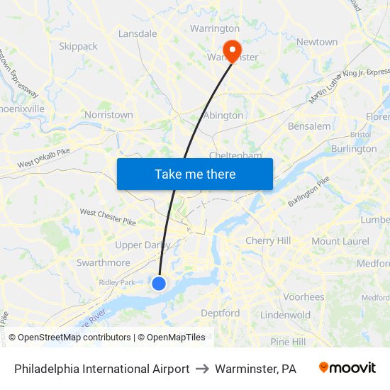Philadelphia International Airport to Warminster, PA map