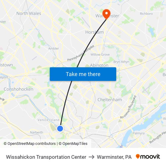 Wissahickon Transportation Center to Warminster, PA map