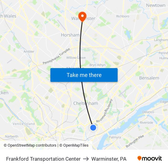 Frankford Transportation Center to Warminster, PA map