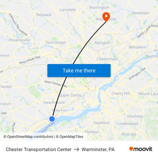 Chester Transportation Center to Warminster, PA map