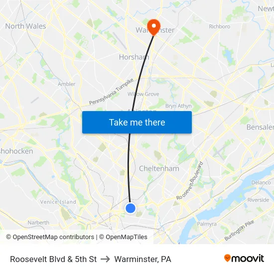 Roosevelt Blvd & 5th St to Warminster, PA map