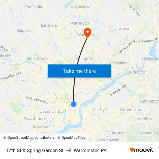 17th St & Spring Garden St to Warminster, PA map