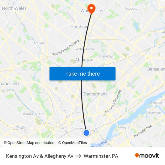 Kensington Av & Allegheny Av to Warminster, PA map