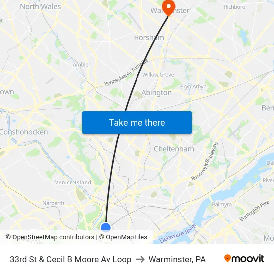 33rd St & Cecil B Moore Av Loop to Warminster, PA map